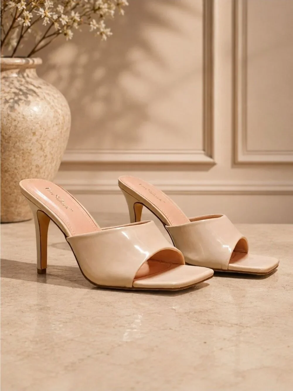 Nude Open-Toe Patent Leather High Heel Mules With Square Toe Design For Women